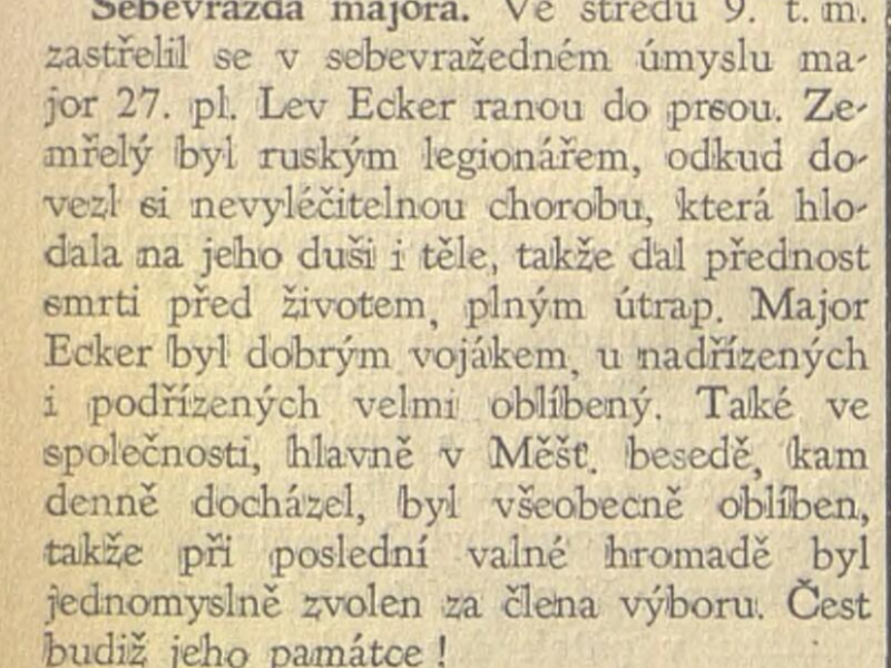 Článek z novin o úmrtí L. Eckera