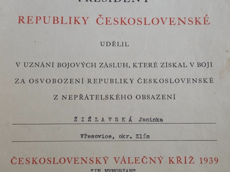 Válečný kříž Janinky Žižlavské